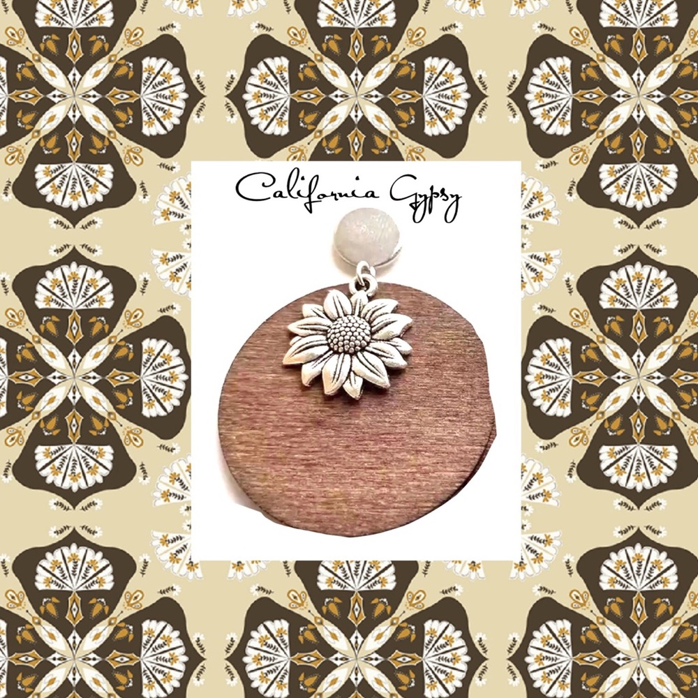 Sunflower Charm Round Wood Earring - Picture 2 of 7